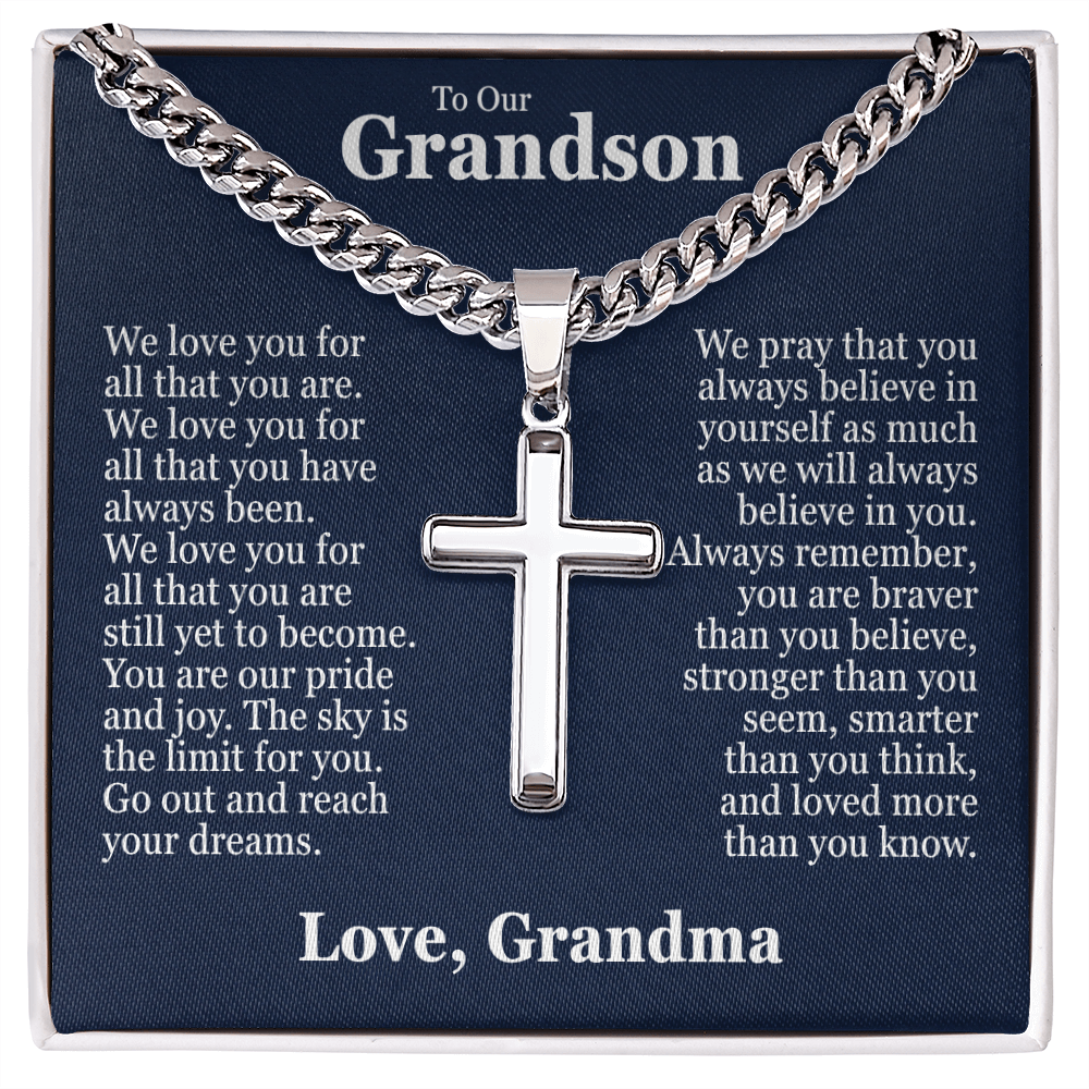 Cross Cuban Link Chain - To Our Grandson "We Love You"