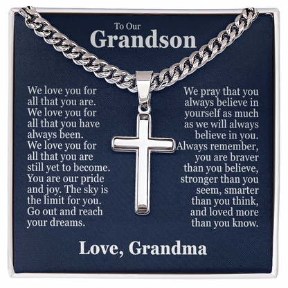 Cross Cuban Link Chain - To Our Grandson "We Love You"