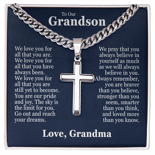 Cross Cuban Link Chain - To Our Grandson "We Love You"