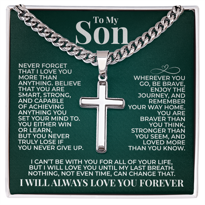 Cuban Chain with Cross Necklace - To My Son "You Are Braver Than You Think"