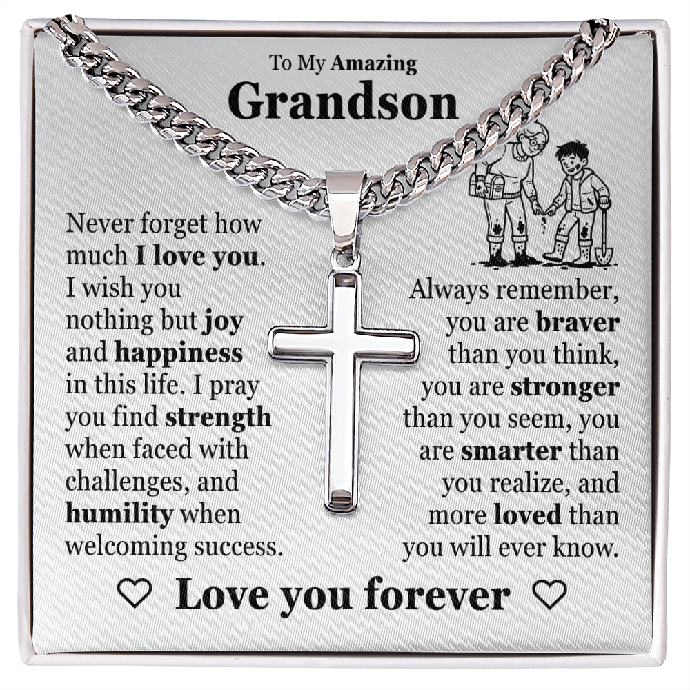 Cross Cuban Link Chain - To My Grandson "Never Forget How Much I Love You"