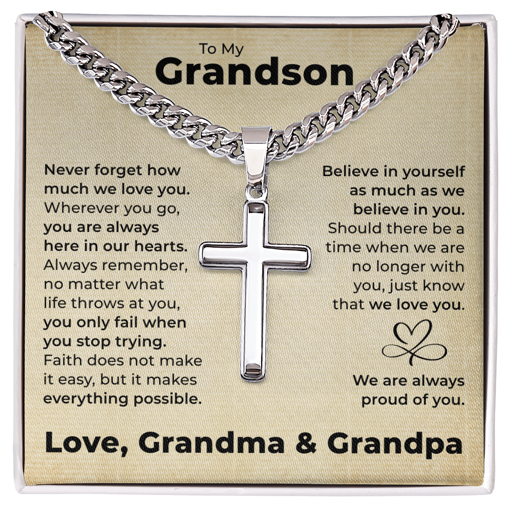 Cross Cuban Link Chain - To My Grandson "You Are Always in Our Hearts"