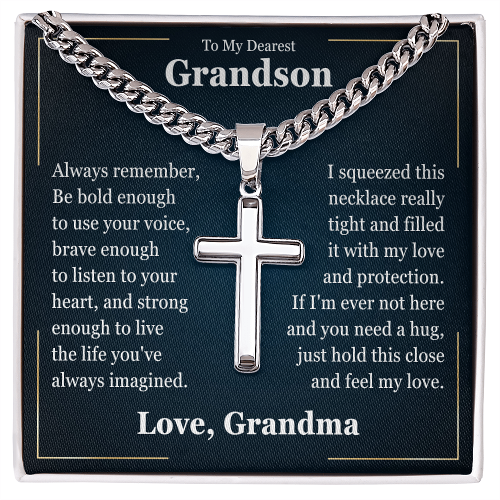Cross Cuban Link Chain - To My Grandson "Just Hold This Close and Feel My Love"