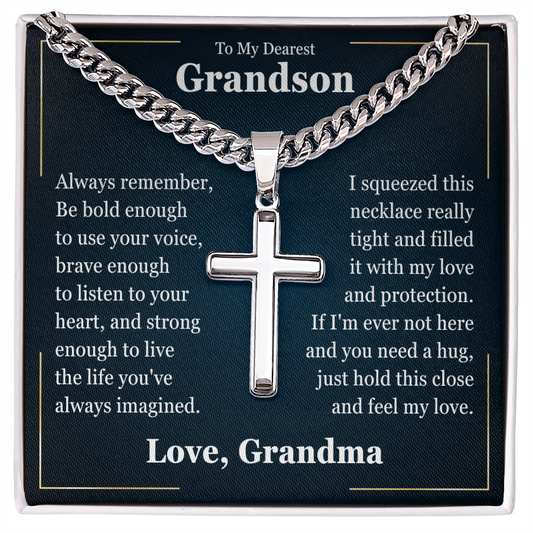 Cross Cuban Link Chain - To My Grandson "Just Hold This Close and Feel My Love"