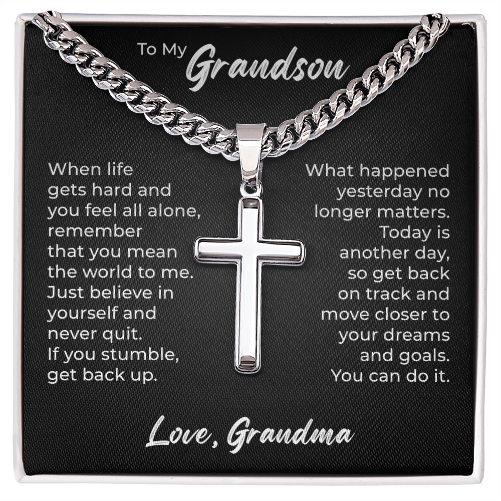Cross Cuban Link Chain - To My Grandson "You Mean The World To Me"