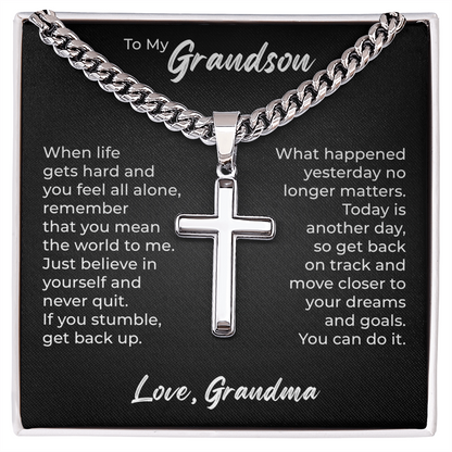 Cross Cuban Link Chain - To My Grandson "You Mean The World To Me"