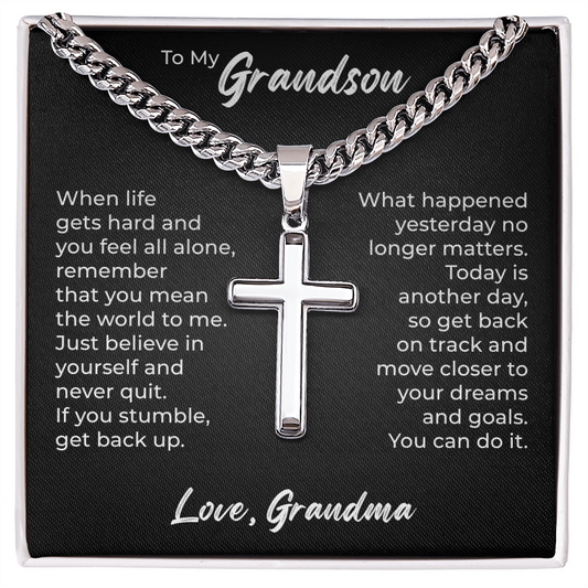 Cross Cuban Link Chain - To My Grandson "You Mean The World To Me"