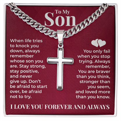 Cuban Chain with Cross Necklace - To My Son "Stay Strong"