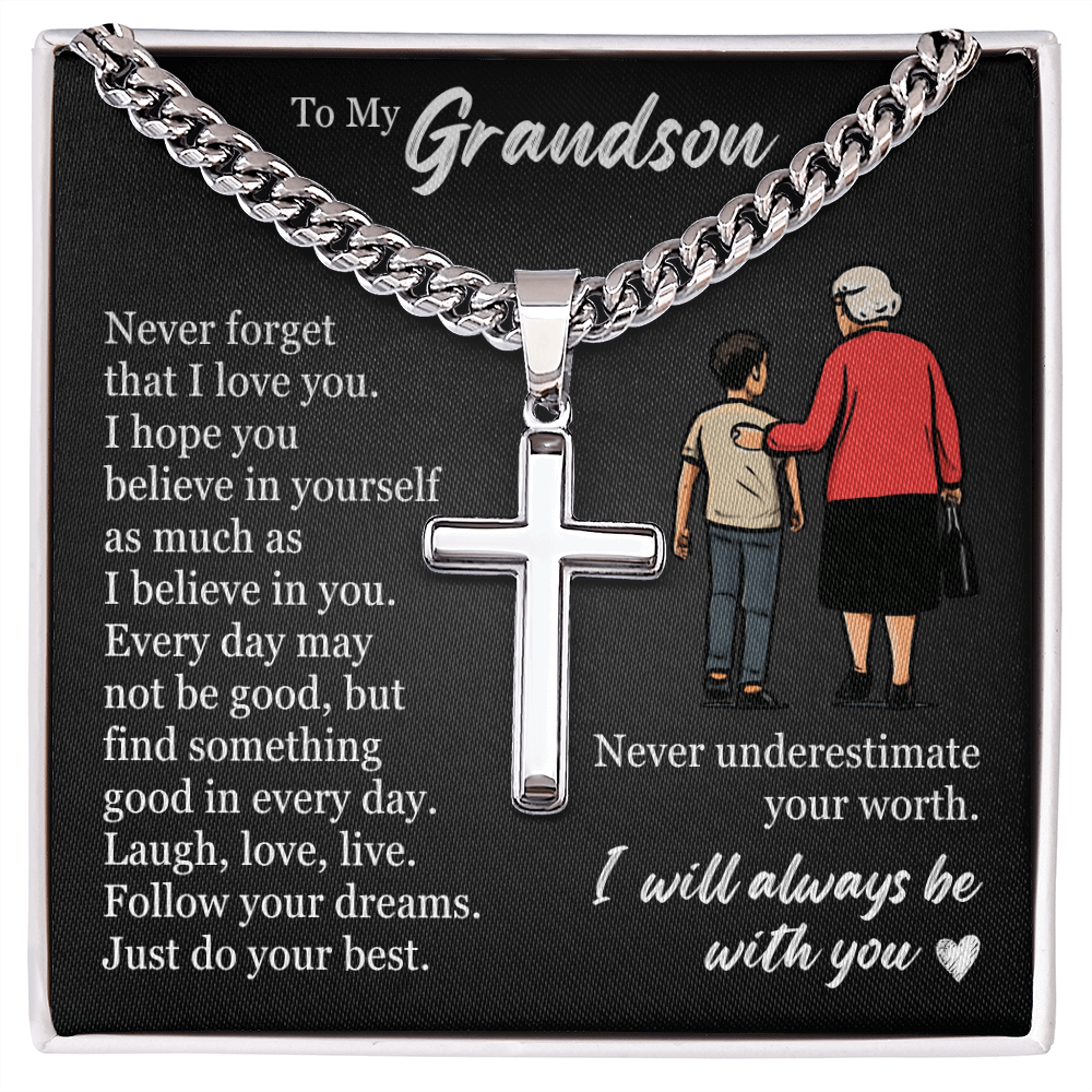 Cross Cuban Link Chain - To My Grandson "Never Underestimate Your Worth"