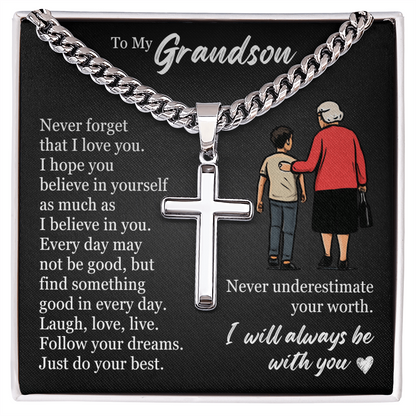 Cross Cuban Link Chain - To My Grandson "Never Underestimate Your Worth"