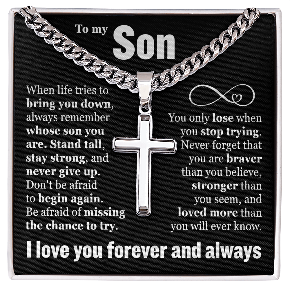 Cross Cuban Link Chain - To My Son "Never Give Up"