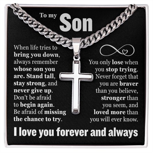 Cross Cuban Link Chain - To My Son "Never Give Up"