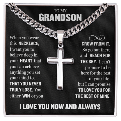 Cross Cuban Link Chain - To My Grandson "You Either Win or You Grow From It"