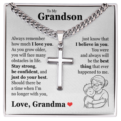 Cross Cuban Link Chain - To My Grandson "Always Remember How Much I Love You"