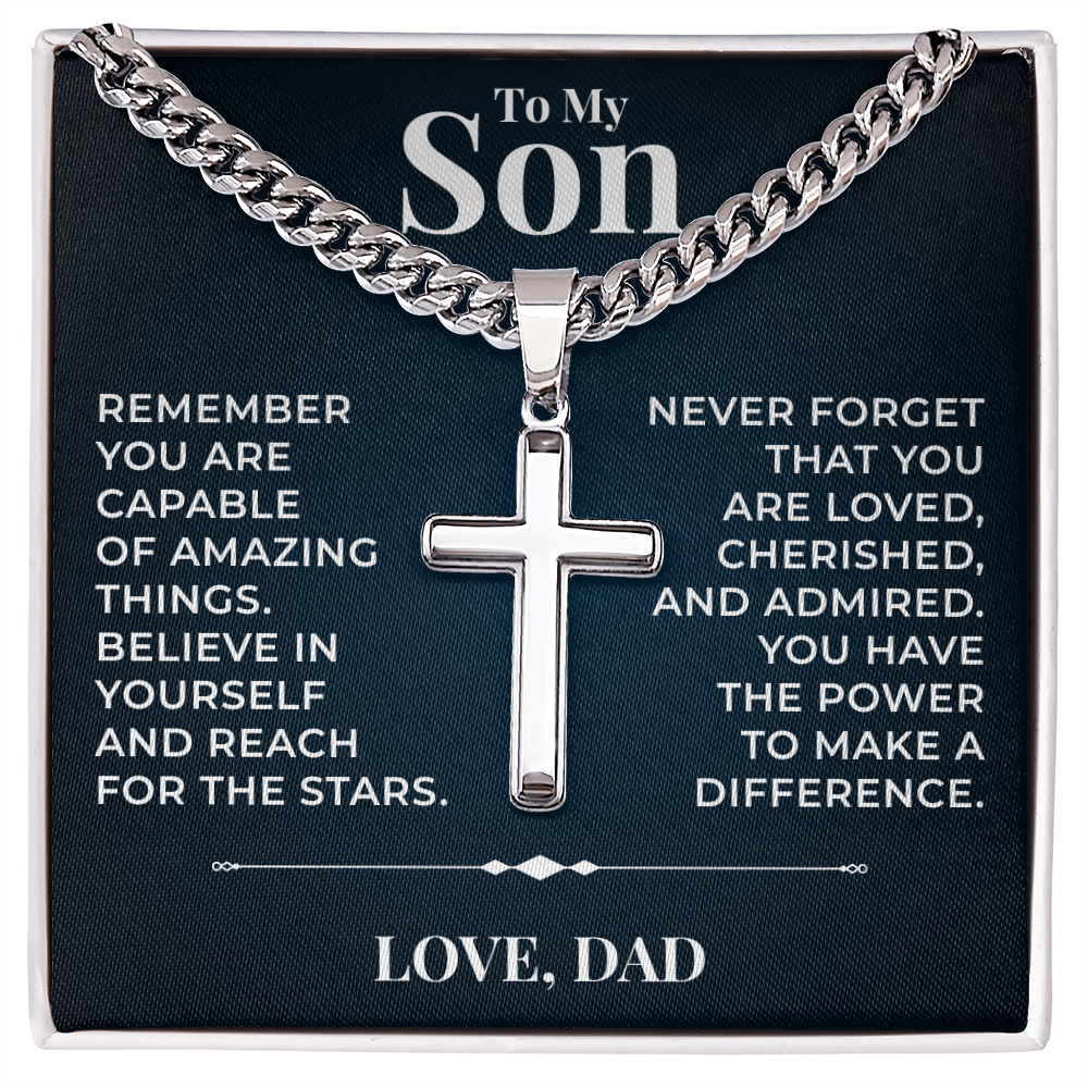 Cuban  Chain with Cross Necklace - To My Son "Reach For The Stars"