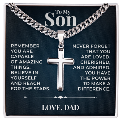 Cuban  Chain with Cross Necklace - To My Son "Reach For The Stars"