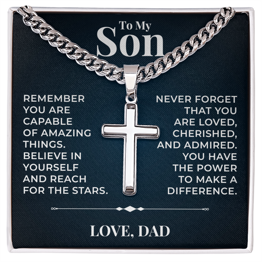 Cuban  Chain with Cross Necklace - To My Son "Reach For The Stars"