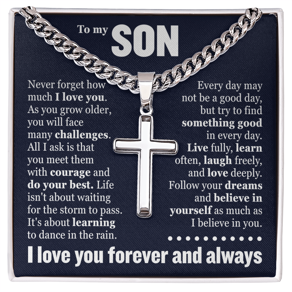 Cross Cuban Link Chain - To My Son "Never Forget How Much I Love You"