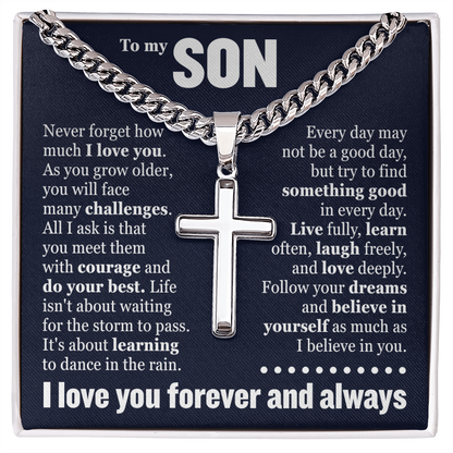 Cross Cuban Link Chain - To My Son "Never Forget How Much I Love You"