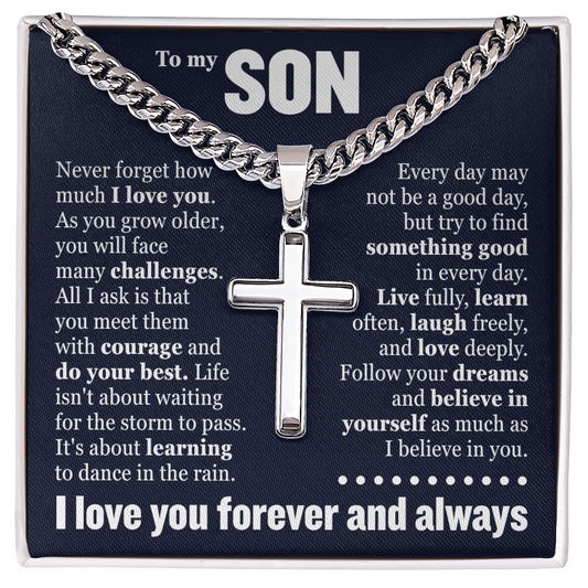 Cross Cuban Link Chain - To My Son "Never Forget How Much I Love You"