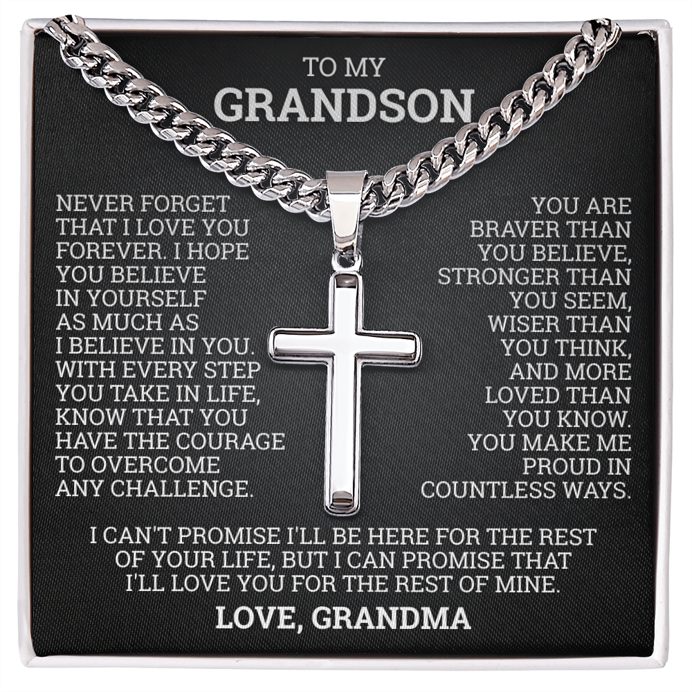 Cross Cuban Link Chain - To My Grandson "You Are Braver Than You Believe"