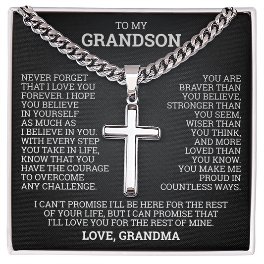 Cross Cuban Link Chain - To My Grandson "You Are Braver Than You Believe"