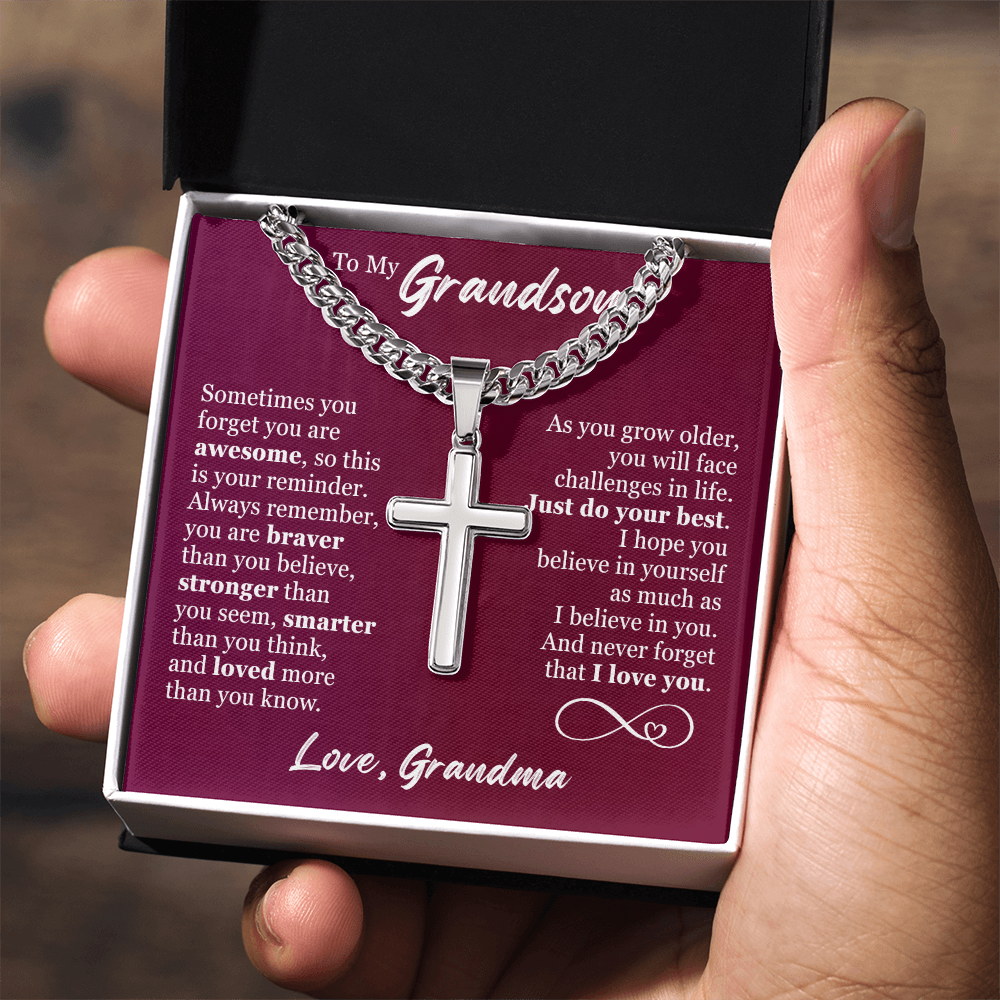 Cross Cuban Link Chain - To My Grandson "Just Do Your Best"
