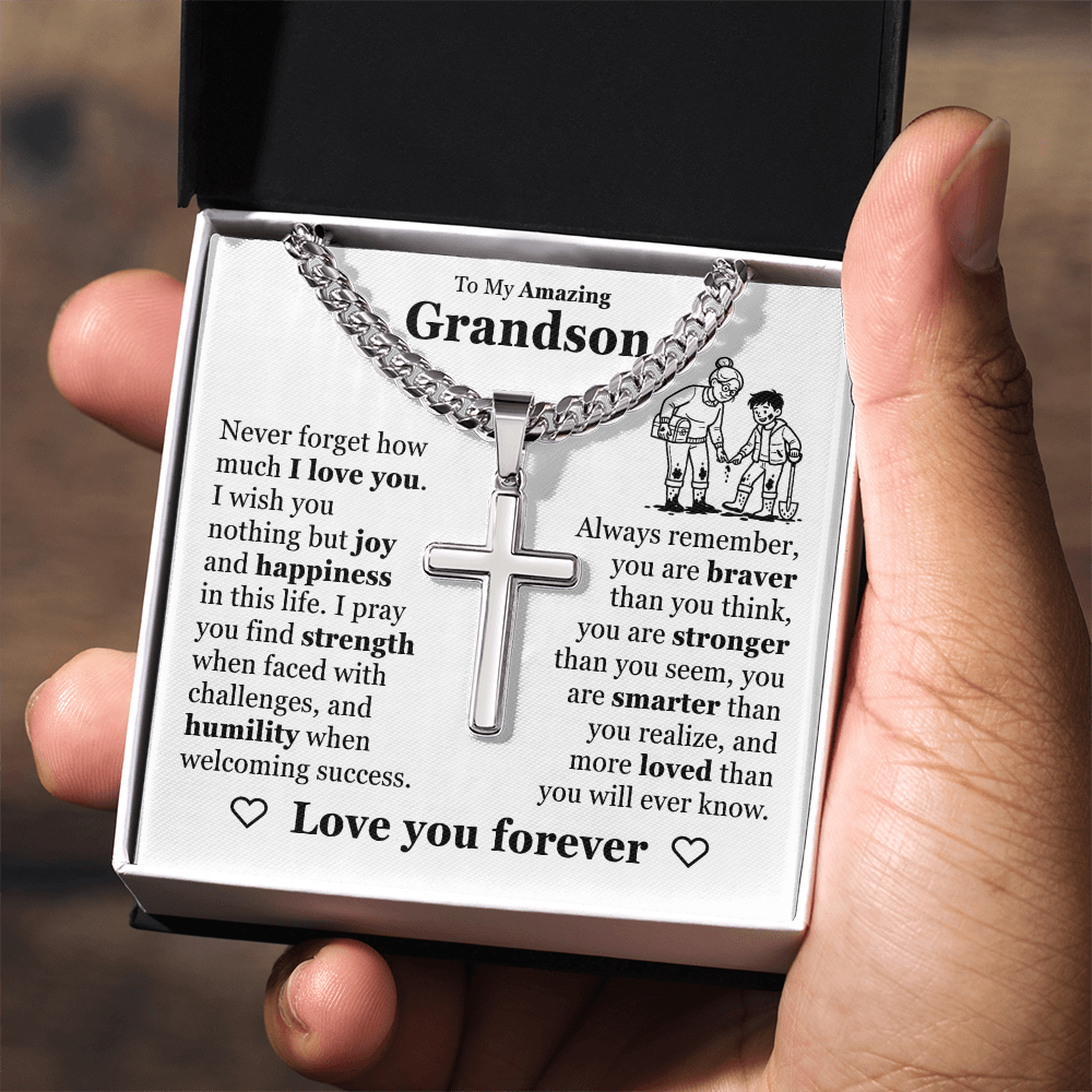 Cross Cuban Link Chain - To My Grandson "Never Forget How Much I Love You"