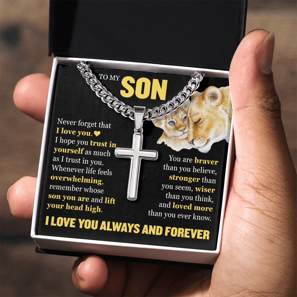 Cross Cuban Link Chain - To My Son "Never Forget That I Love You"