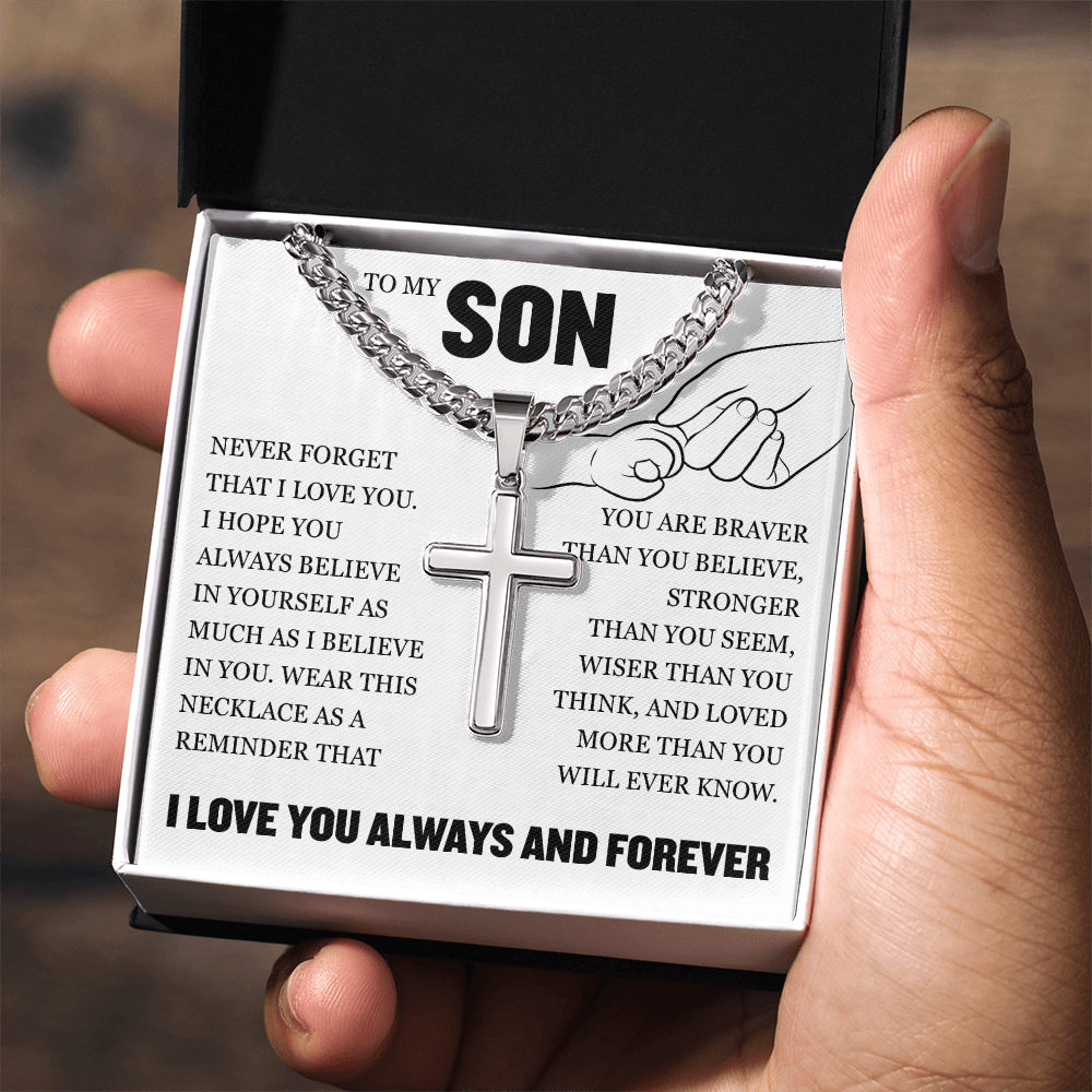 Cross Cuban Link Chain - To My Son "Never Forget That I Love You"