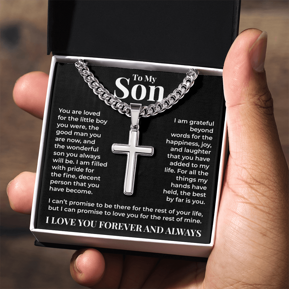 Cuban Chain with Cross Necklace - To My Son "I Am Grateful Beyond Words"