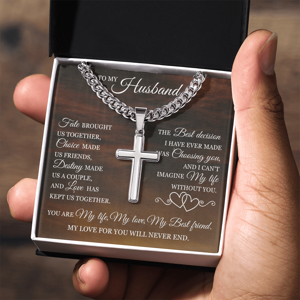 Cross Cuban Link Chain - To My Husband "Fate Brought Us Together"