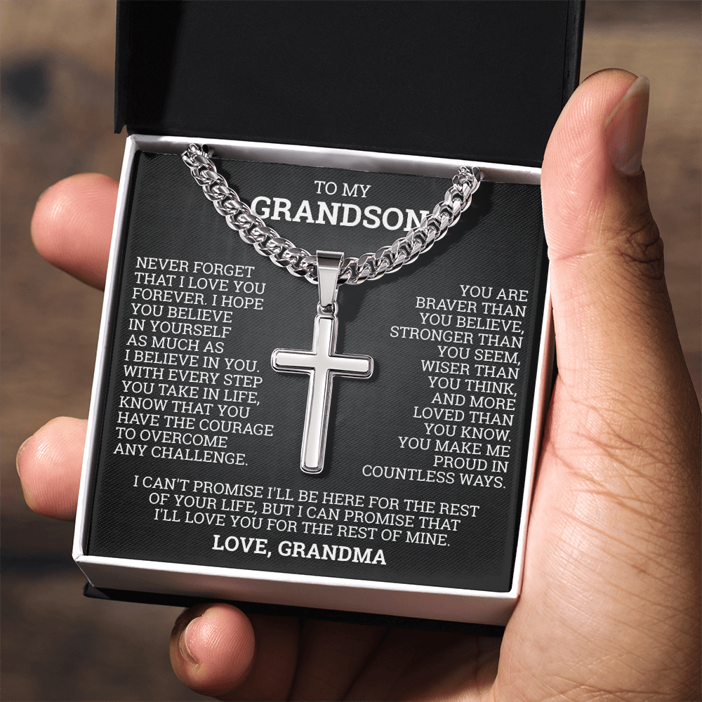 Cross Cuban Link Chain - To My Grandson "You Are Braver Than You Believe"