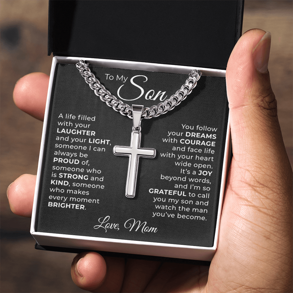 Cuban Chain with Cross Necklace -  To My Son "Follow You Dreams with Courage"