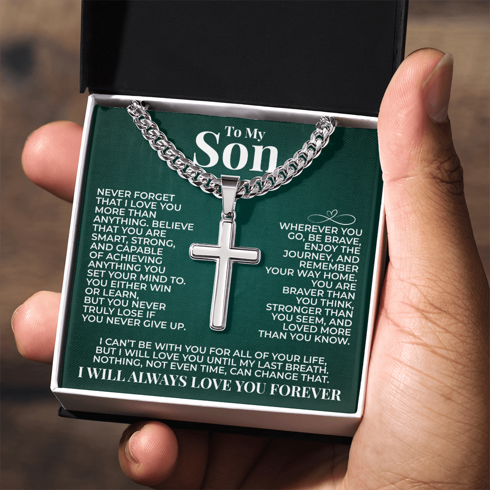 Cuban Chain with Cross Necklace - To My Son "You Are Braver Than You Think"