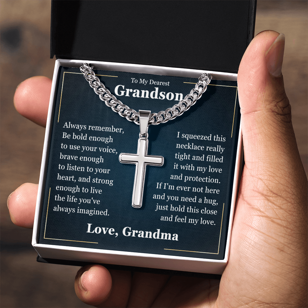 Cross Cuban Link Chain - To My Grandson "Just Hold This Close and Feel My Love"