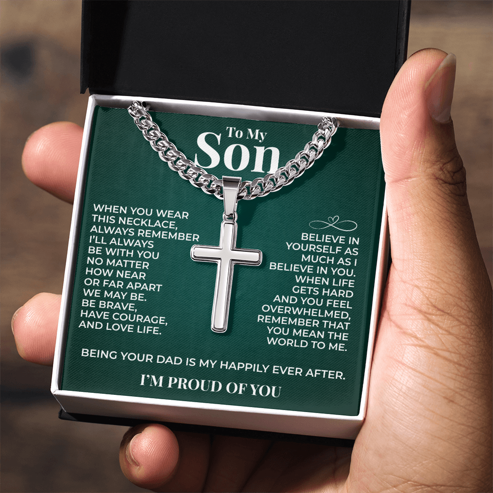 Cuban  Chain with Cross Necklace - To My Son "Believe In Yourself"