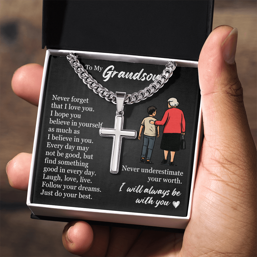 Cross Cuban Link Chain - To My Grandson "Never Underestimate Your Worth"