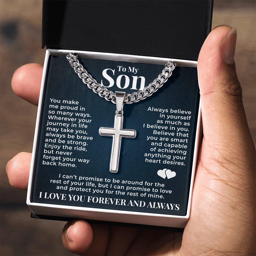 Cuban  Chain with Cross Necklace - To My Son "Always Be Brave"