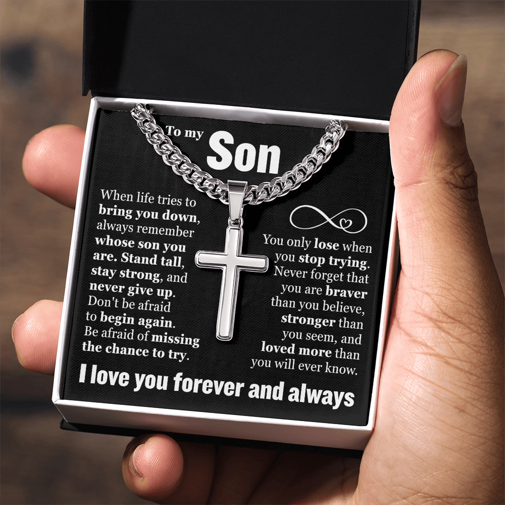 Cross Cuban Link Chain - To My Son "Never Give Up"