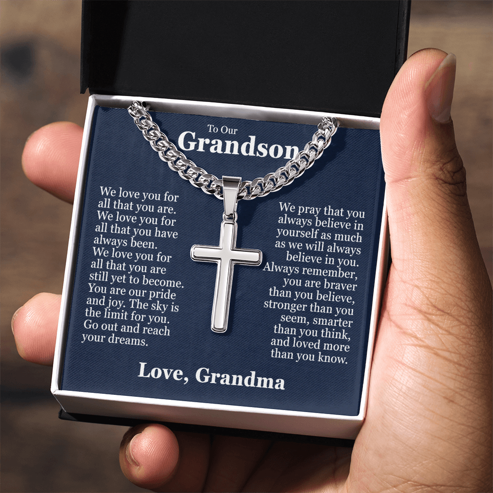 Cross Cuban Link Chain - To Our Grandson "We Love You"