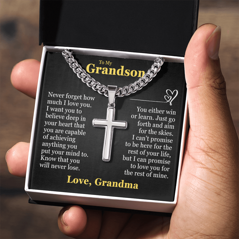 Cross Cuban Link Chain - To My Grandson "You Either Win or Learn"