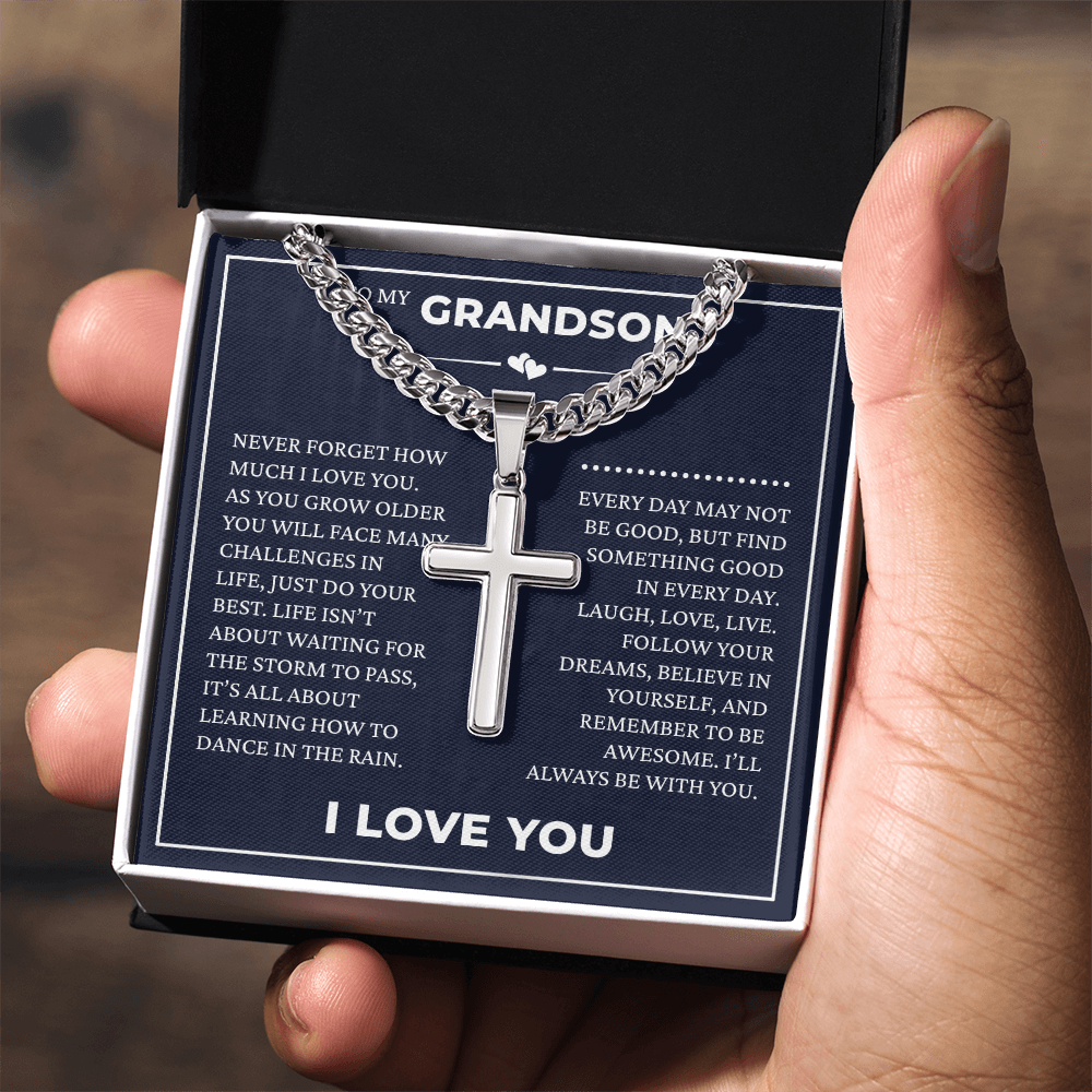 Cuban Chain with Cross Necklace - To My Grandson "I'll Always Be with You"