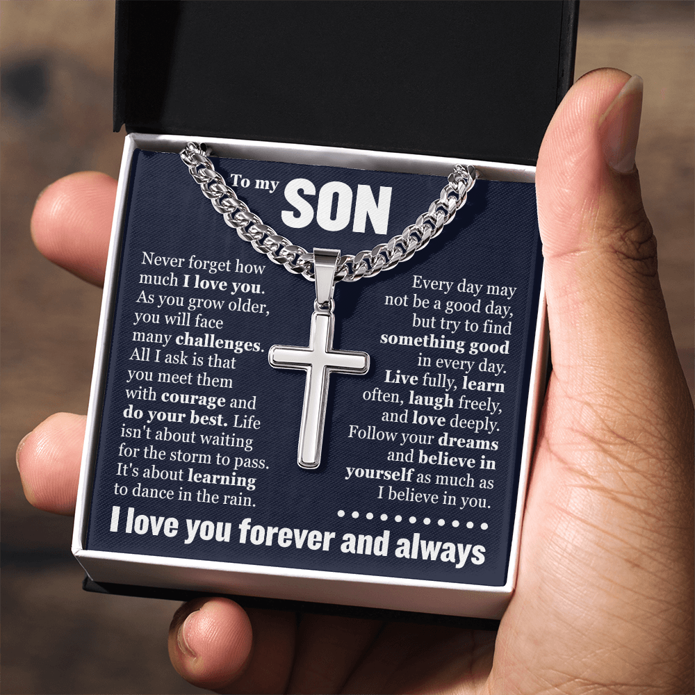 Cross Cuban Link Chain - To My Son "Never Forget How Much I Love You"