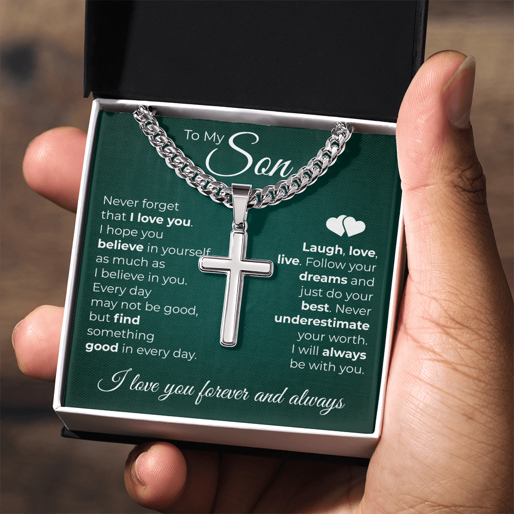 Cuban Chain with Cross Necklace -  To My Son "Never Forget That I Love You"