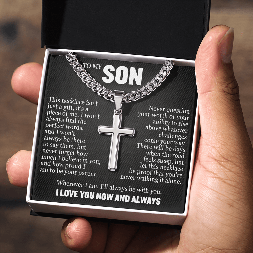Cross Cuban Link Chain - To My Son "Never Question Your Worth"