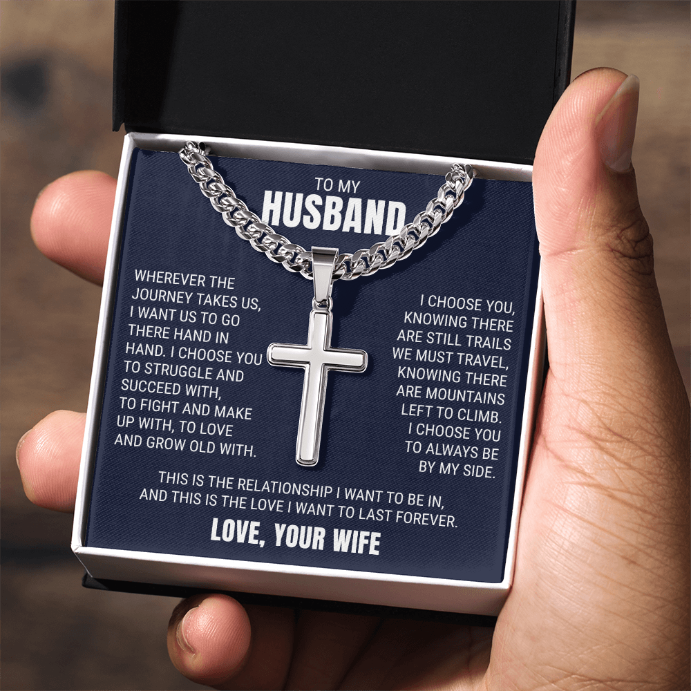 Cross Cuban Link Chain - To My Husband "I Choose You"