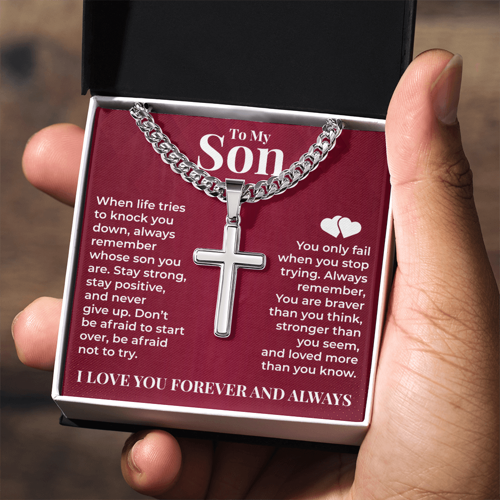 Cuban Chain with Cross Necklace - To My Son "Stay Strong"