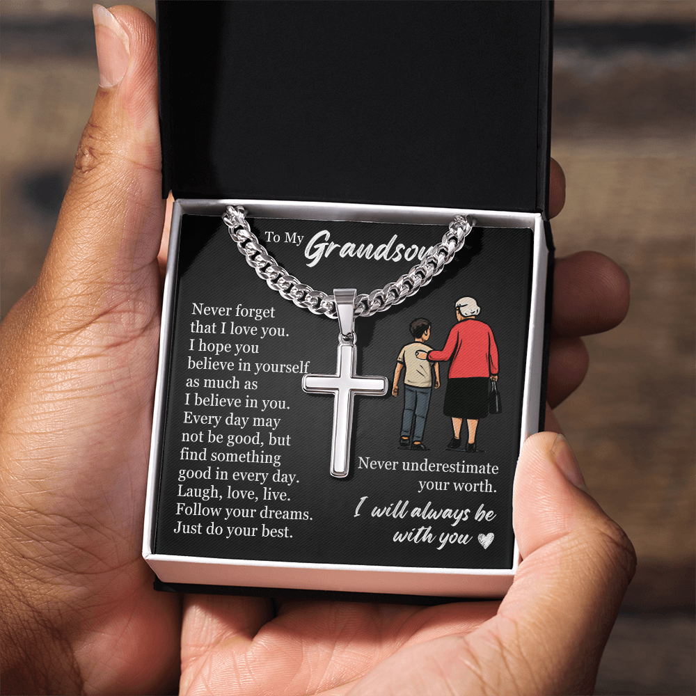 Cross Cuban Link Chain - To My Grandson "Never Underestimate Your Worth"