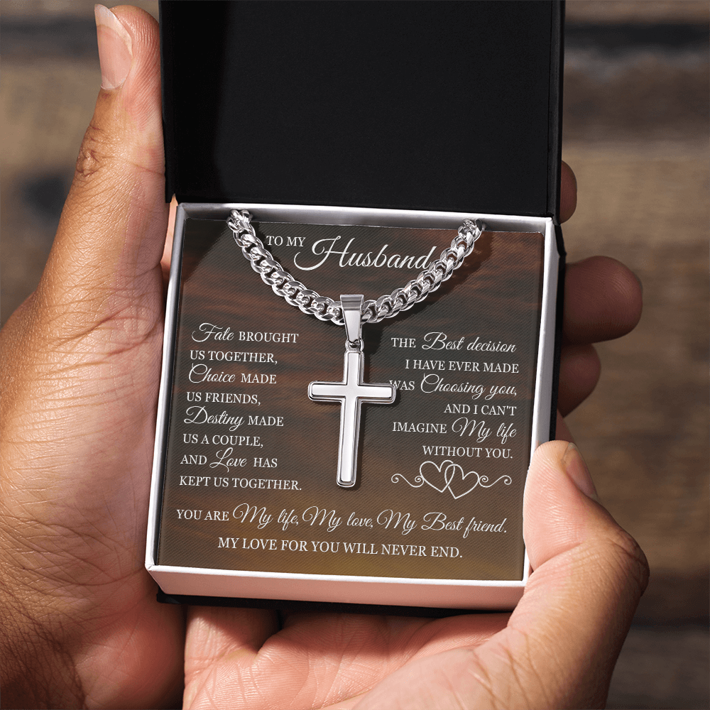 Cross Cuban Link Chain - To My Husband "Fate Brought Us Together"